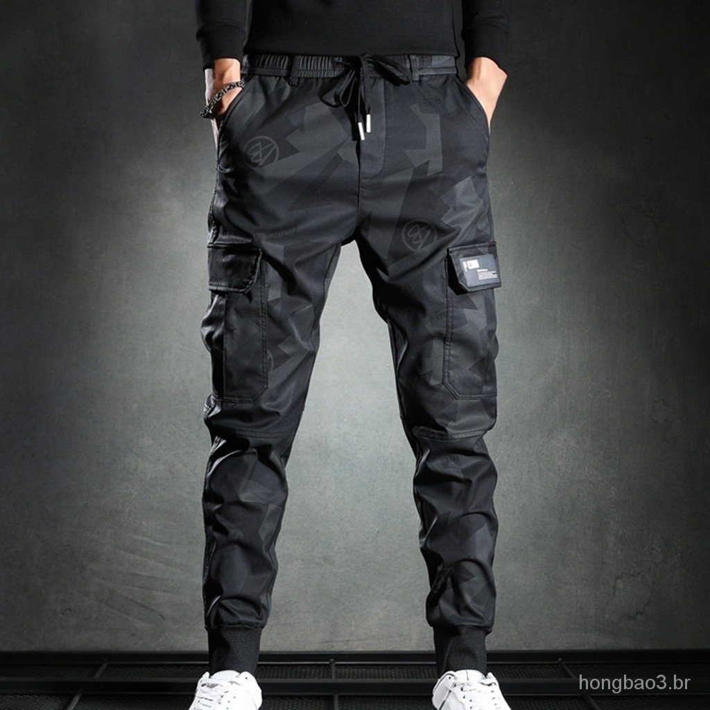 Calças De Carga Camuflagem De Bolso Com Múltiplos Bolsos Tornozelo Amarradas Para O Uso Diário