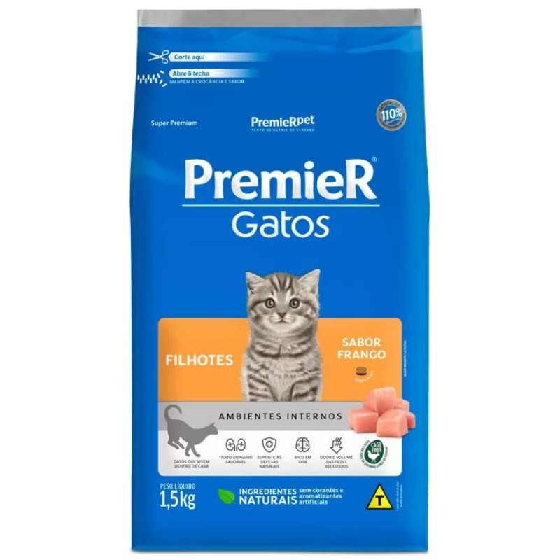 RAÇÃO PREMIER AMBIENTES INTERNOS GATOS FILHOTES FRANGO 1.5KG