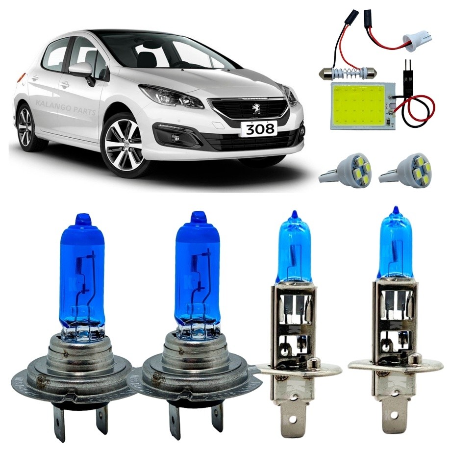 Kit Lâmpadas H7 H1 Super Branca 8500K Alto Baixo Peugeot 308 2012 Em Diante Torpedo De Teto + T10