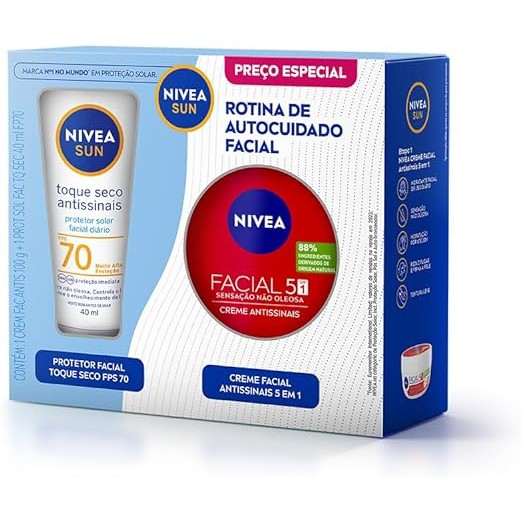 KIT NIVEA Creme Facial Antissinais 100g + Protetor Solar Facial Toque Seco Antissinais FPS 70 Sun 40ml - Beauty