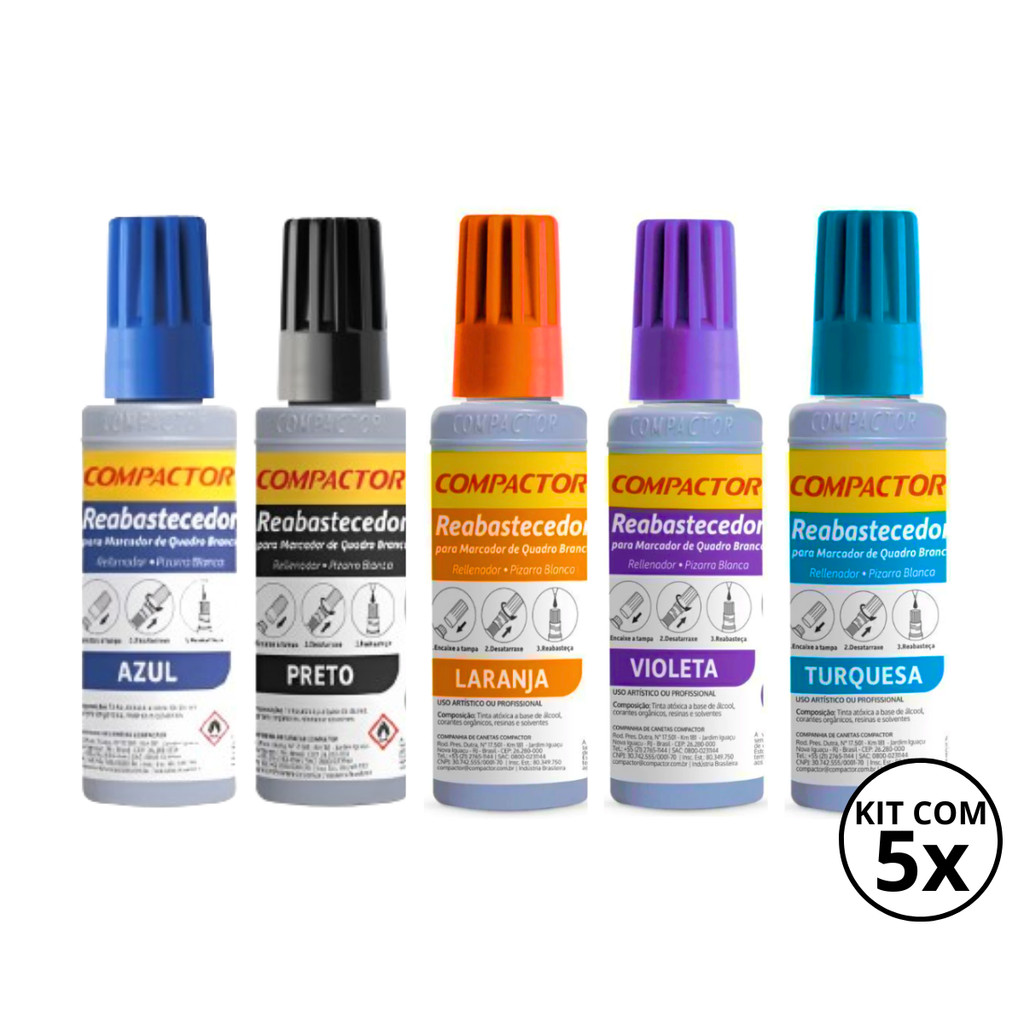 Kit 5 Reabastecedores  Refil Para Quadro Branco Compactor  30ml COR:KIT1 em Oferta na Shopee