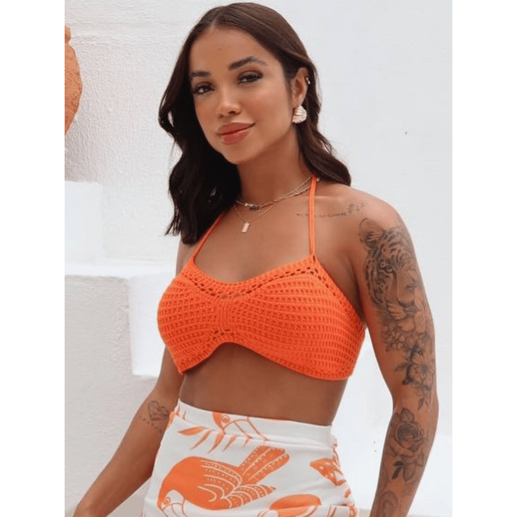 TOP FEMININO TRICO CROCHE COM BOJO ALCINHA FRENTE ÚNICA CROPPED FAIXA VERAO CARNAVAL BOHO