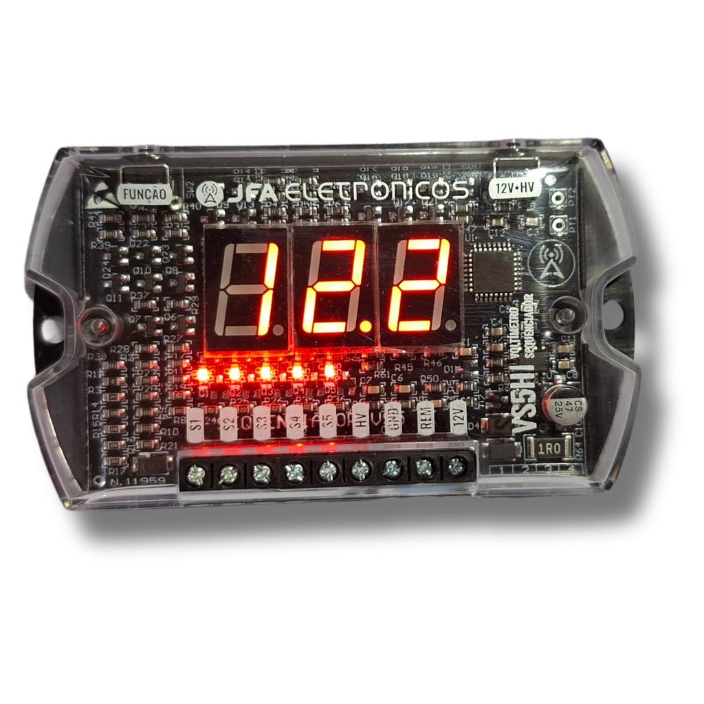 VOLTÍMETRO SEQUENCIADOR JFA VS5HI - MEDIDOR DIGITAL DE BATERIA COM 5 SAÍDAS REMOTAS E LED VERMELHO