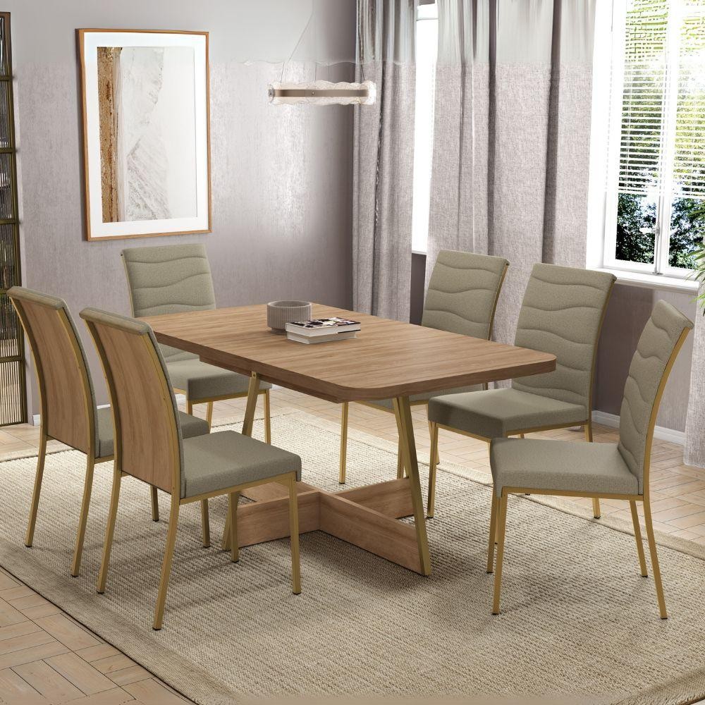 Conjunto Sala de Jantar 6 Cadeiras Roses Carraro Carvalho Dourado