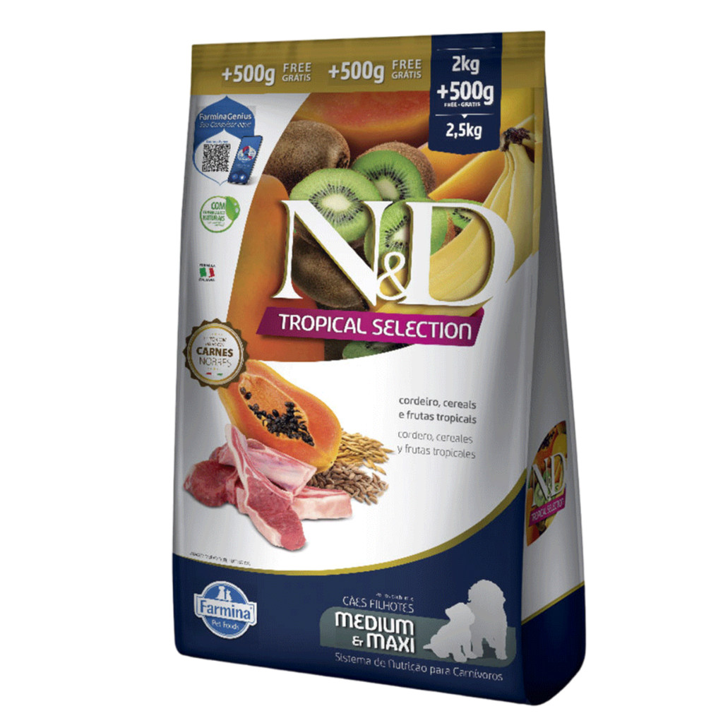 Ração N&D Tropical Selection Cães Filhotes 2kg + 500g Grátis Porte Médio e Grande Sabor Cordeiro, Cereais e Frutas Tropi em Oferta na Shopee