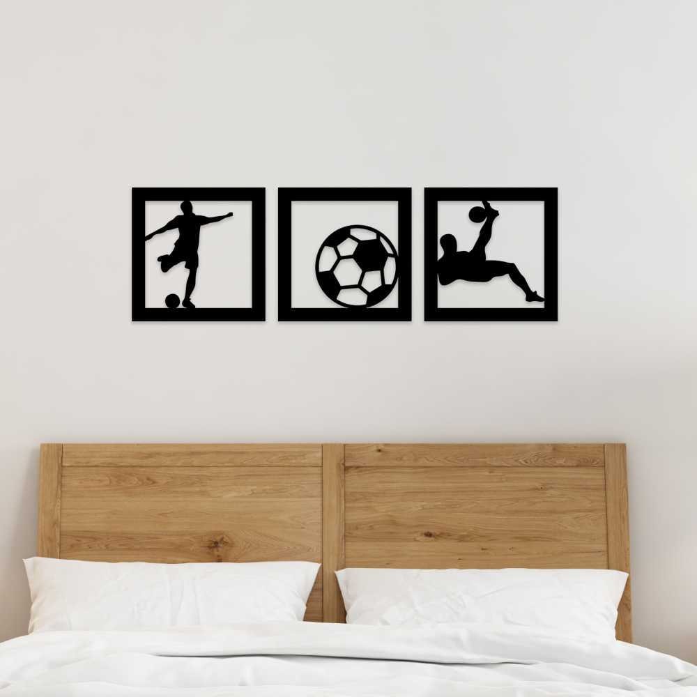Kit 3 Quadros Futebol Bola Jogador em MDF Preto 3mm