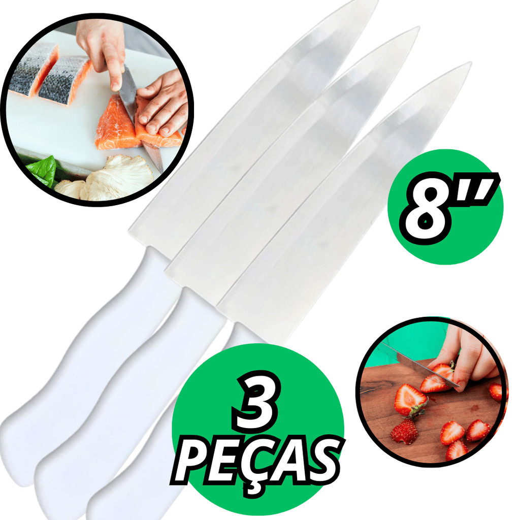 Combo 3 Faca Peixeira Cabo Branco Kit Profissional Corte Preciso Para Cozinha Churrasco Restaurante