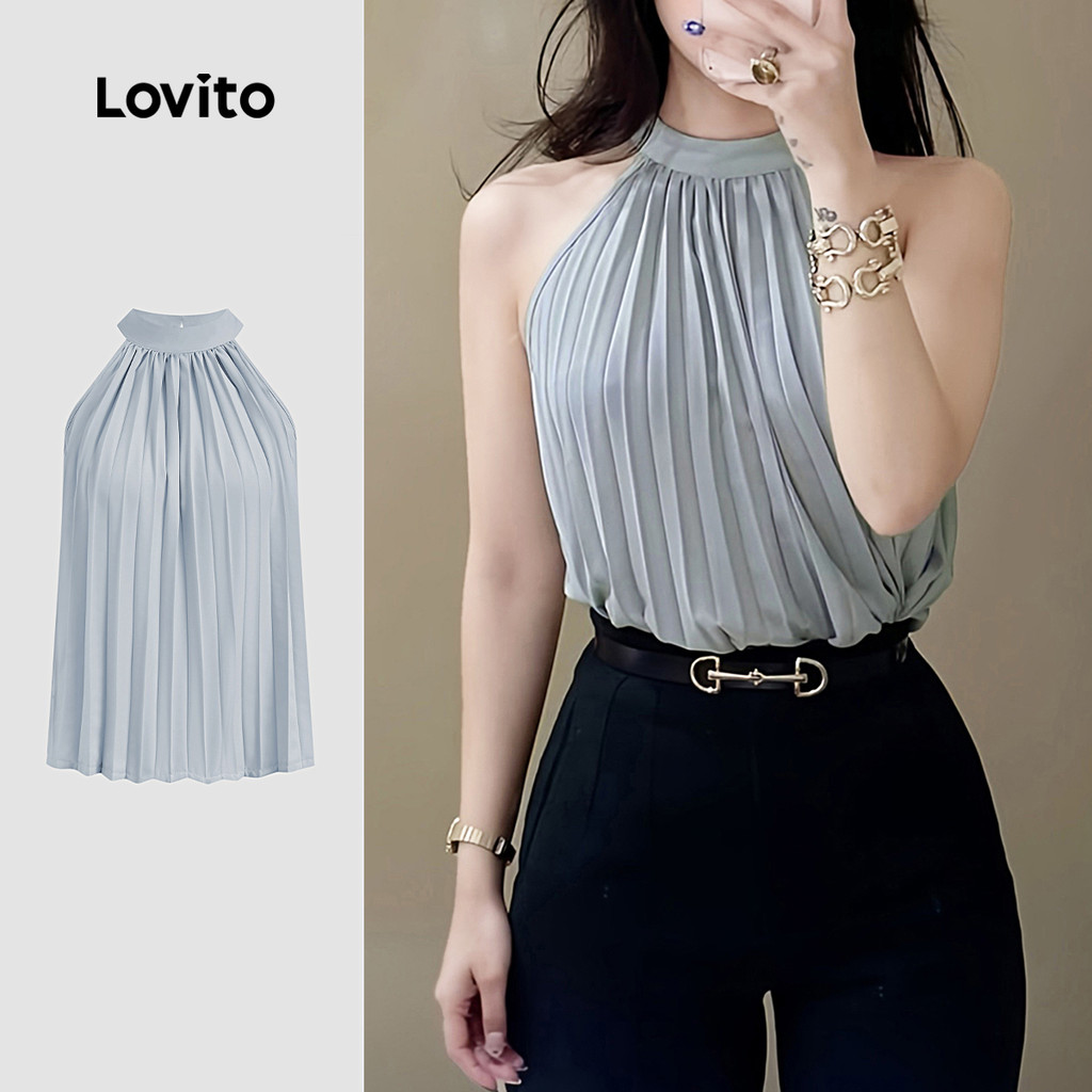 Lovito Regata Casual lisa plissada para mulheres L128ED934 em Oferta na Shopee