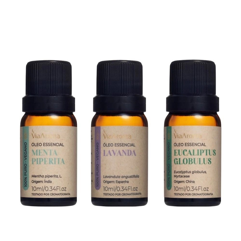 Via Aroma Kit 3 Óleos Essenciais – Eucaliptus Globulus, Lavanda e Menta Piperita aromaterapia puro 100% naturais vegano em Oferta na Shopee