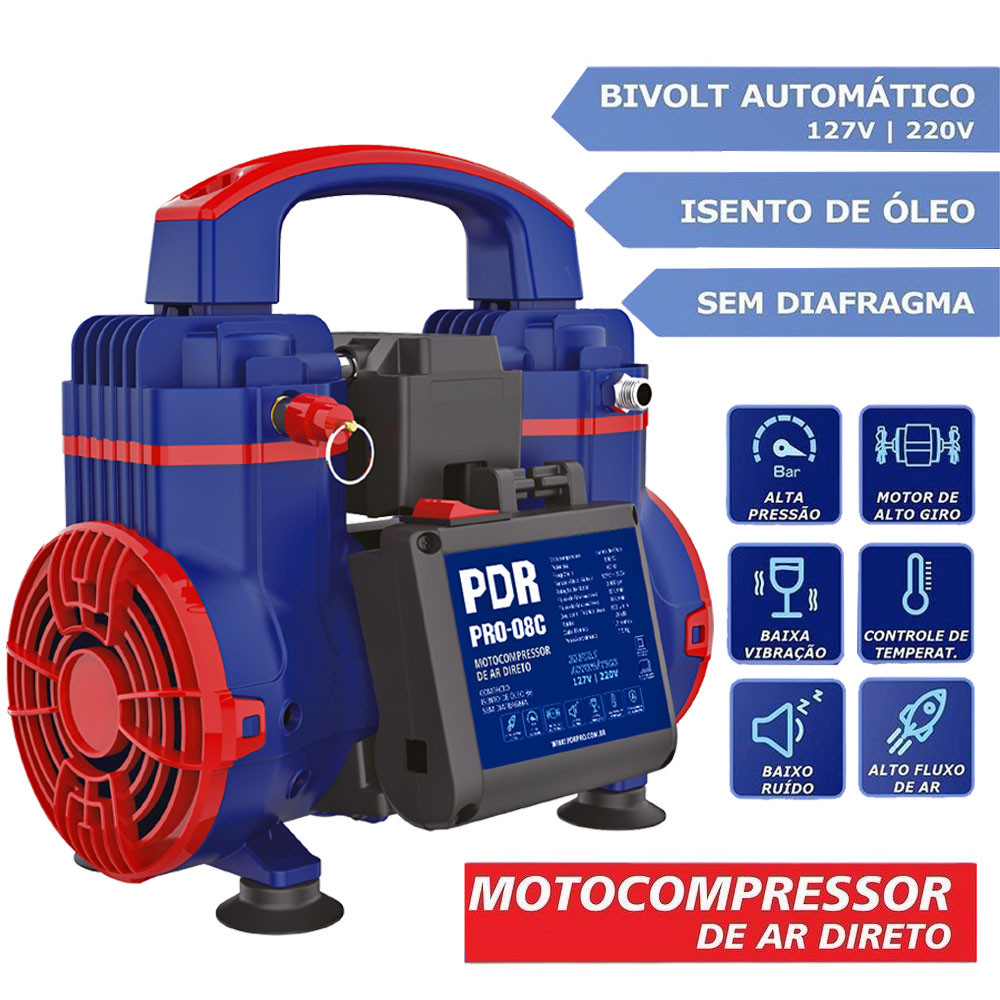 Motocompressor de Ar Direto Bivolt 127v 220v 830W Calibrar Pneus PRO-08C PDR