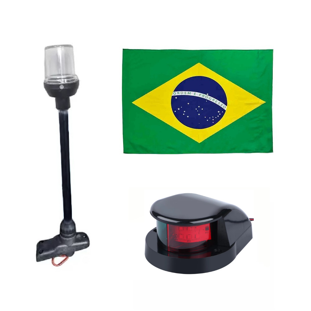 Kit Bombordo e Boreste Bicolor Led em ABS Preto + Mastro Alcançado Fundeio Preto Led + Bandeira do Brasil - Barco Lancha