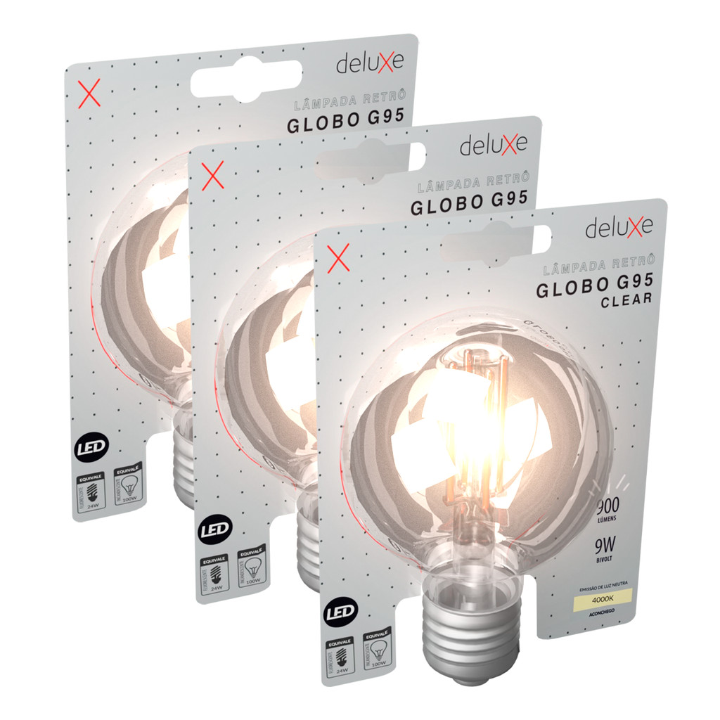 Kit 3 Lampada Led Globo Retro Clear G95 9W 4000k E27 Deluxe