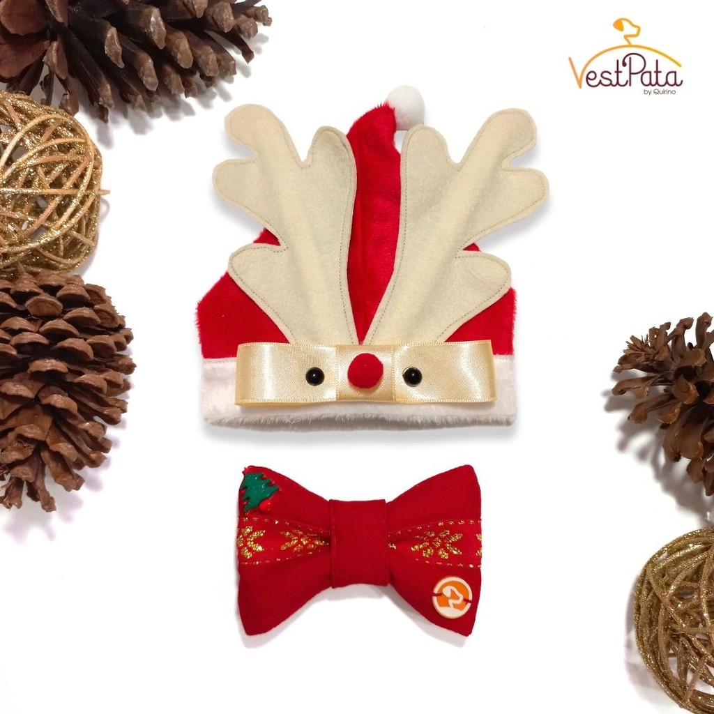 Fantasia De Natal Pet Com Gorro de Rena Bege E Laço Tiara ou Gravata Regulável