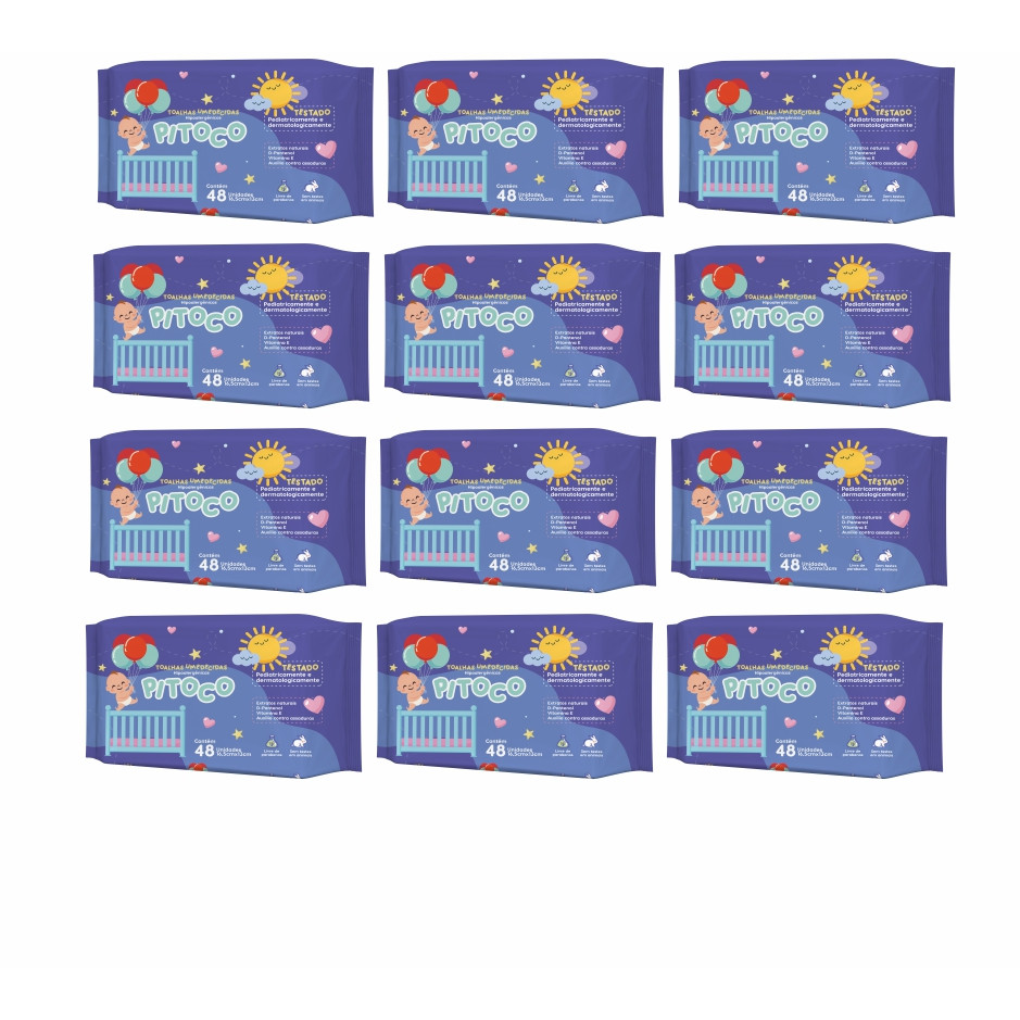 Kit com 12 Pacotes de Toalhas Umedecidas PITOCO 48 folhas 98% Água - Vegano