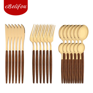 Belifou Kit 24 Jogo De Talheres Aço Inoxidável 416 Ouro Alças De Madeira - Diana