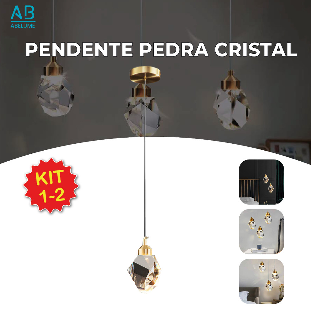 Luminária Pendente Pedra de Cristal Led de Luxo Moderno Dourado 3 Cores de Luz Bivolt