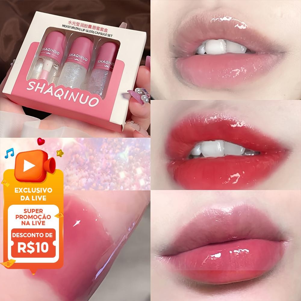 Kit de Brilho Labial Water Gloss 3 Peças Hidratante de Longa Duração Reparo de Linha Copo Antiaderente Primer Y2K