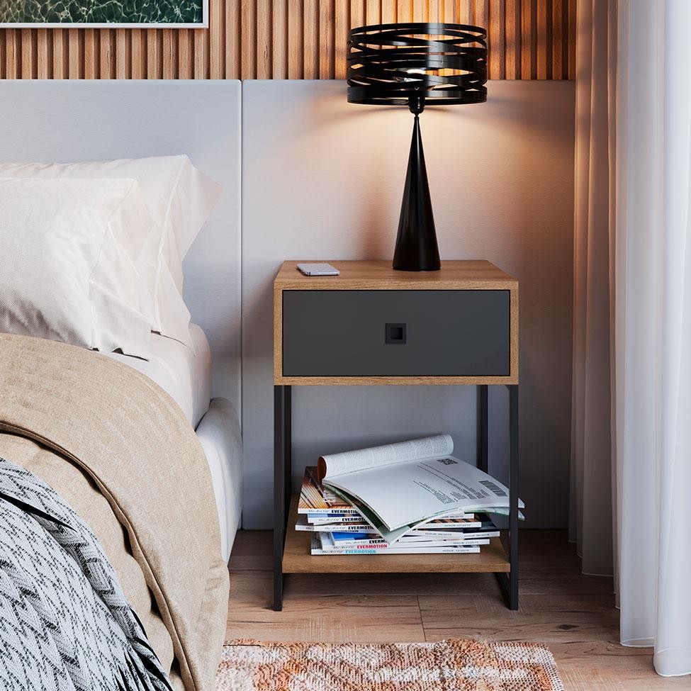 Mesa de Cabeceira Paricel 1 GV Mel e Grafite em Oferta na Shopee