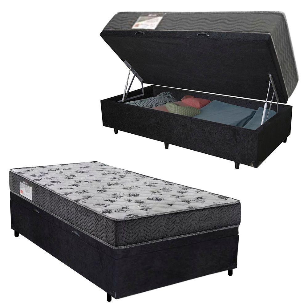 Cama Box Baú Solteiro Suede + Colchão De Espuma D33 - Serene - 88cm Preto