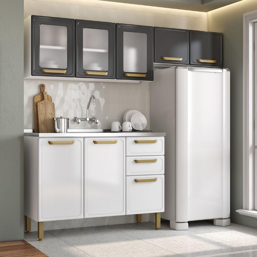 Cozinha Compacta Aço c/ Pia Grafite/Branco Bella Bertolini