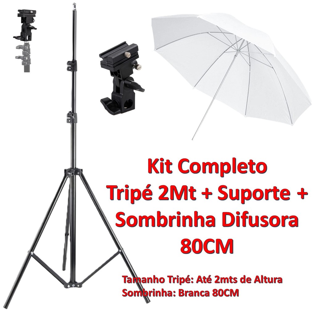 Kit Estúdio Suporte Para Flash + Sombrinha Branca 80cm + Tripé 2m Alumínio em Oferta na Shopee