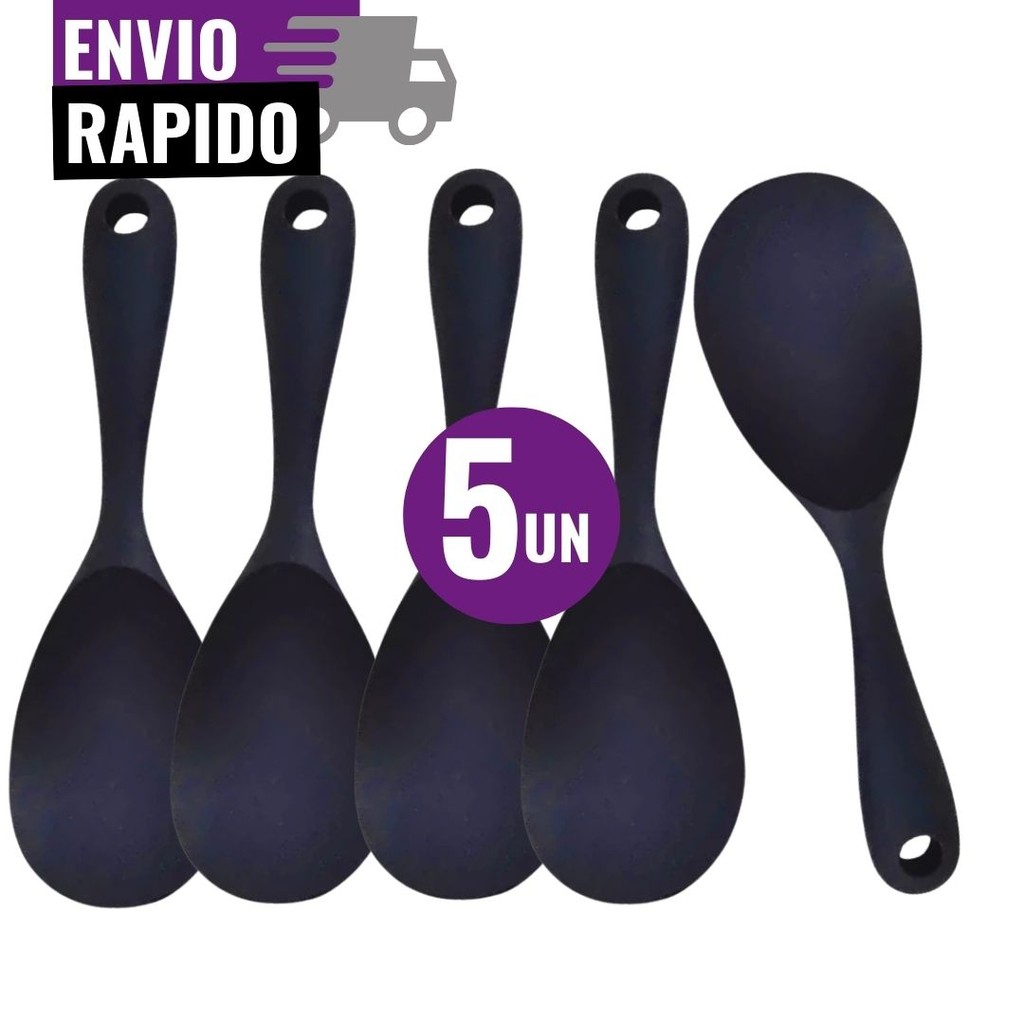 Jogo 5 Colher de Servir Silicone Arroz Utensílio Antiaderente Multiuso Preparar Não Risca Panela