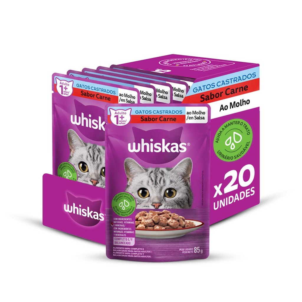 Kit 20un Ração Úmida Whiskas Carne Gato Adulto Castrado 85G em Oferta na Shopee