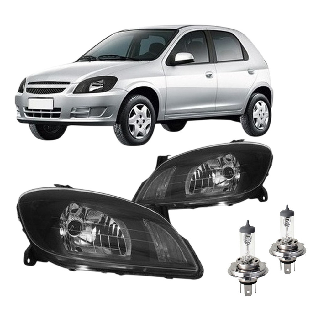 KIT PAR FAROL CELTA PRISMA 2006 A 2012 MASCARA NEGRA LADO DIREITO E ESQUERDO + PAR LÂMPADA em Oferta na Shopee