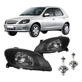 KIT PAR FAROL CELTA PRISMA 2006 A 2012 MASCARA NEGRA LADO DIREITO E ESQUERDO + PAR LÂMPADA em Oferta na Shopee