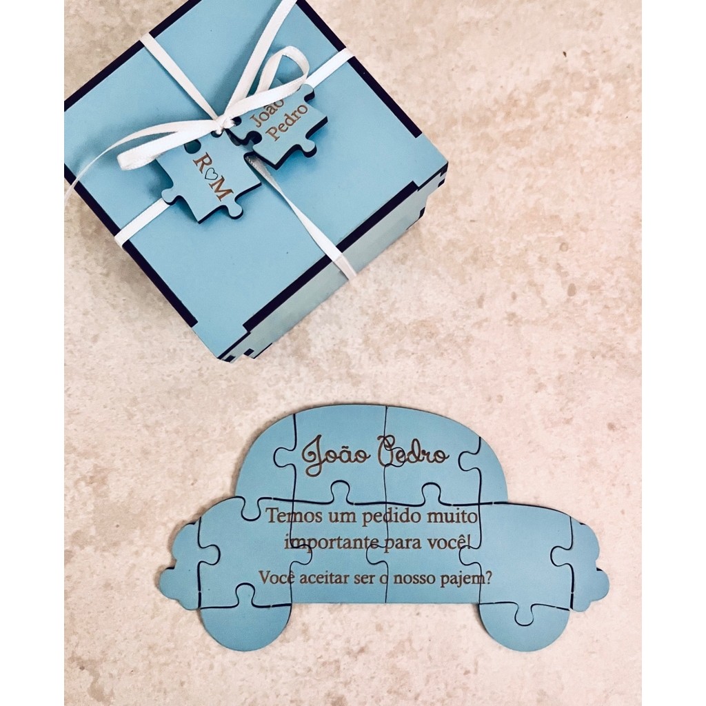 Convite Pajem Quebra Cabeça Carrinho Azul 100% MDF