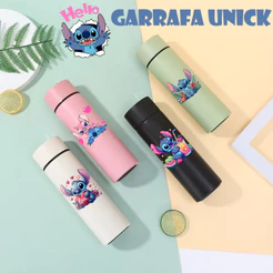 Garrafa stitch Infantil térmica inox termometro digital led inficador de temperatura 500ml HONG