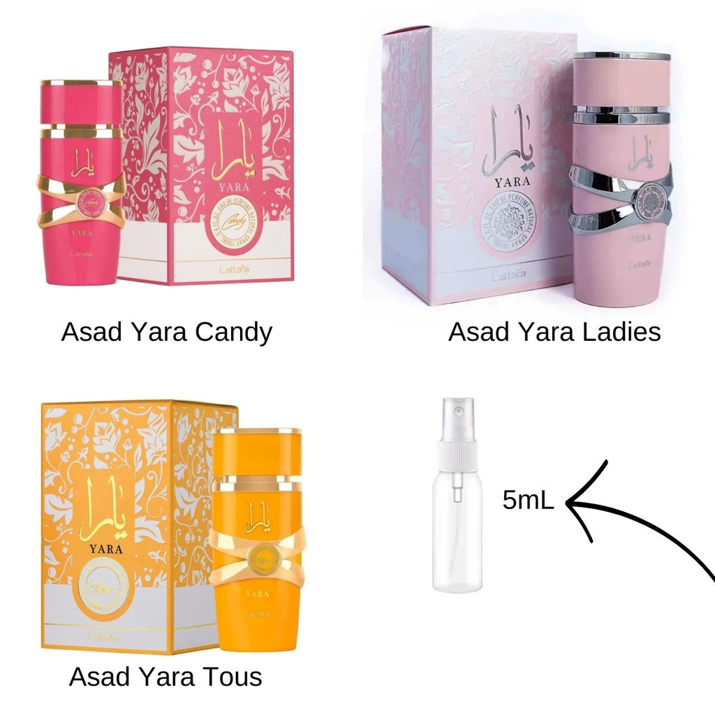 Kit 3 Perfumes Árabes Femininos 5mL Yara Ladies + Yara Tous + Yara Candy