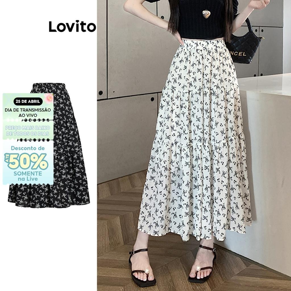 Lovito Saia Longa Simples com Estampa de Flores para Mulheres LNE17088 (Branca)