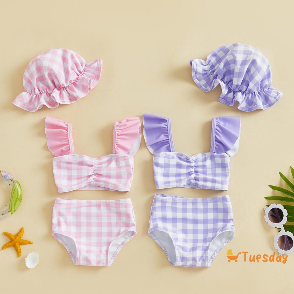 Conjunto De Biquíni Infantil Menina 3 Peças 0-3 Anos – Top De Manga Esvoaçante Com Estampa Xadrez E Shorts Chapéu Roupa