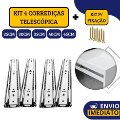 Kit 4 Corrediças Gaveta Trilho Telescópica Light COM Parafusos | 25cm - 30cm - 35cm - 40cm - 45cm