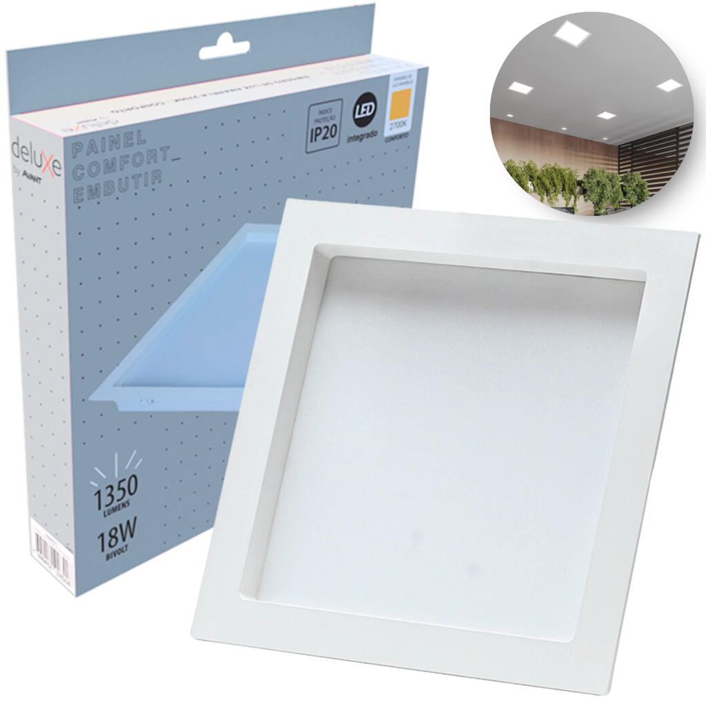 Painel Led Recuado 18w Quadrado 2700k Comfort Branco Quente 20cm 110V/220V Bivolt Branco Fosco Cód: 908080375 - Deluxe