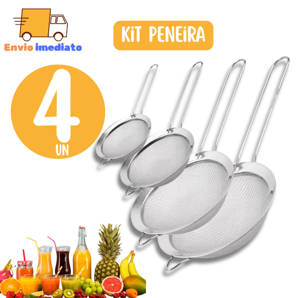 Kit Peneira Coador Funil em Aço Inox Para Farinhas Alimentos Frutas uso Cozinha 8cm 10cm 14cm 18cm
