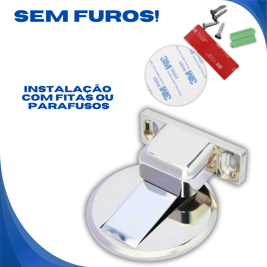 Detalhes do Prendedor Fixador de Porta Magnético Adesivo Slim Inox Cromado Trava Porta Batente de Porta