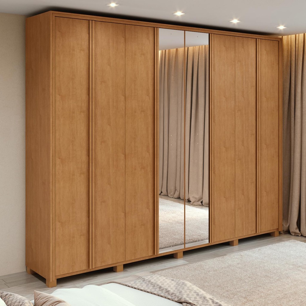 Guarda-Roupa Casal 100% MDF 8 Portas Easy Glow com Espelhos e Pés Amendoa Clean em Oferta na Shopee