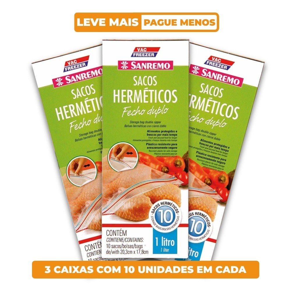 Kit 30 Sacos Plásticos Herméticos Fecho Duplo 1L Vac Freezer Sanremo - Home & Living