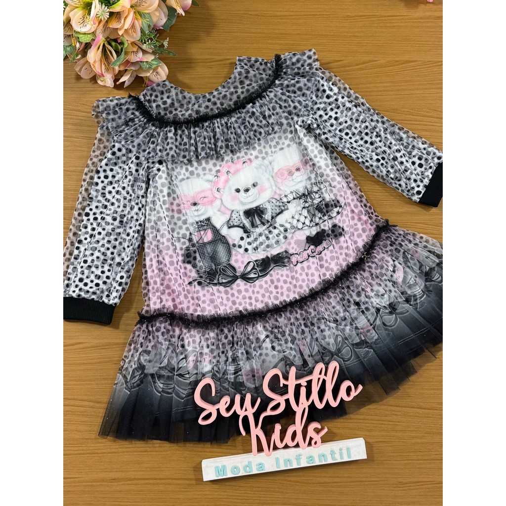 Vestido de Festa Infantil Petit Cherie Inverno Tule Ursinha