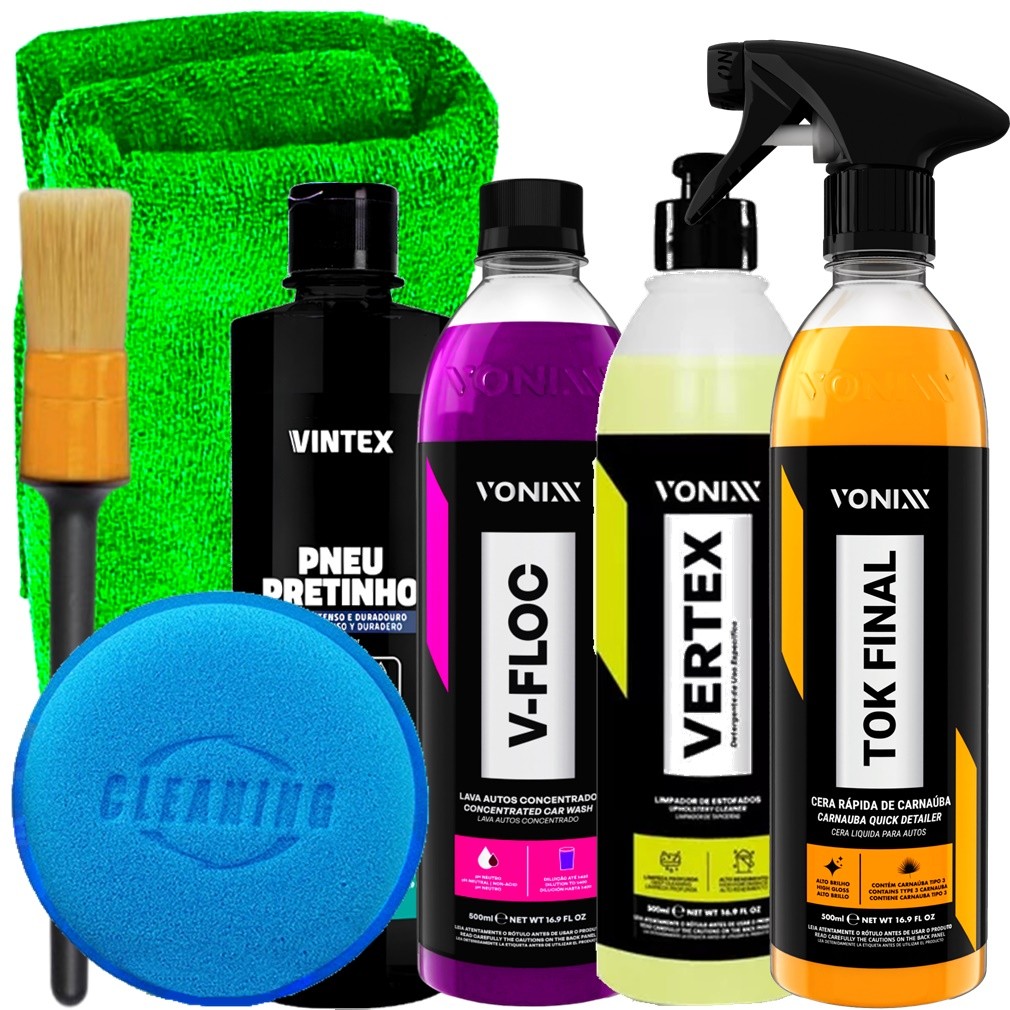 Kit Vonixx Limpeza Shampoo V-Floc Limpa Estofados Vertex Cera Carnaúba Tok Final Pneu Pretinho Vintex Acessórios Karbox