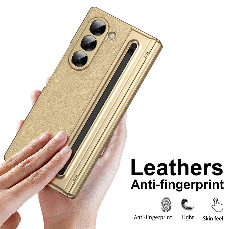 Capa De Dobradiça Revestida De Couro Para Samsung Galaxy Z Fold 6 5 4 3 5G Com Caneta De Toque 360 Protetor De Tela Chei