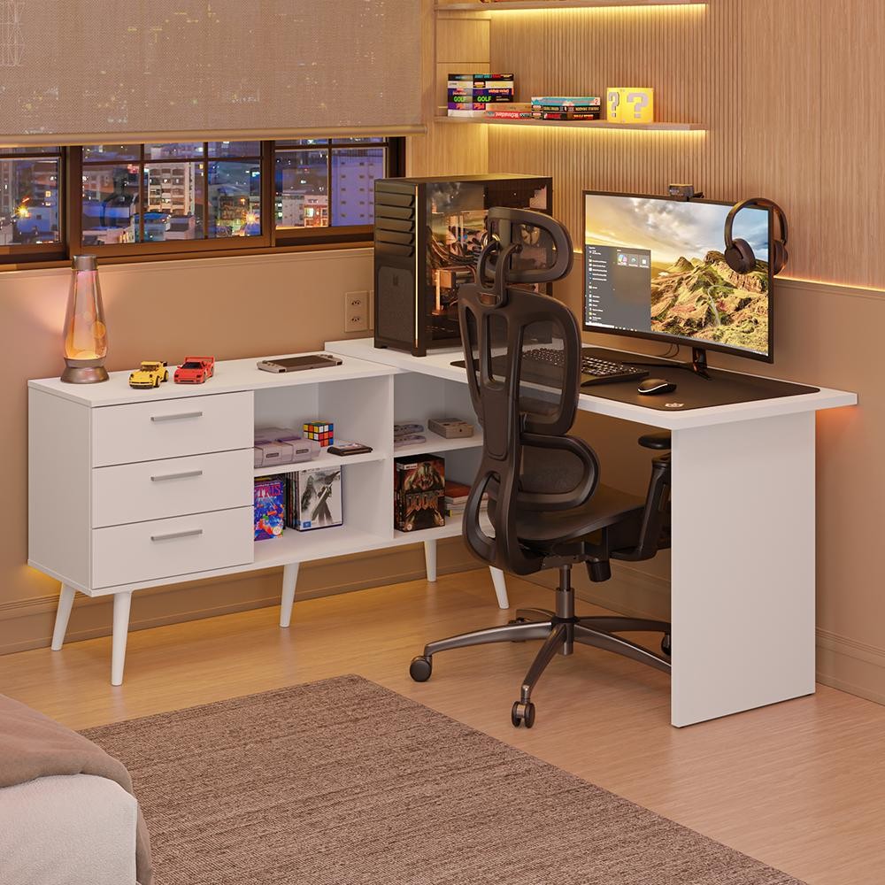 Escrivaninha Em L Mesa Para Computador Gamer 3 Gavetas Lisboa Madesa