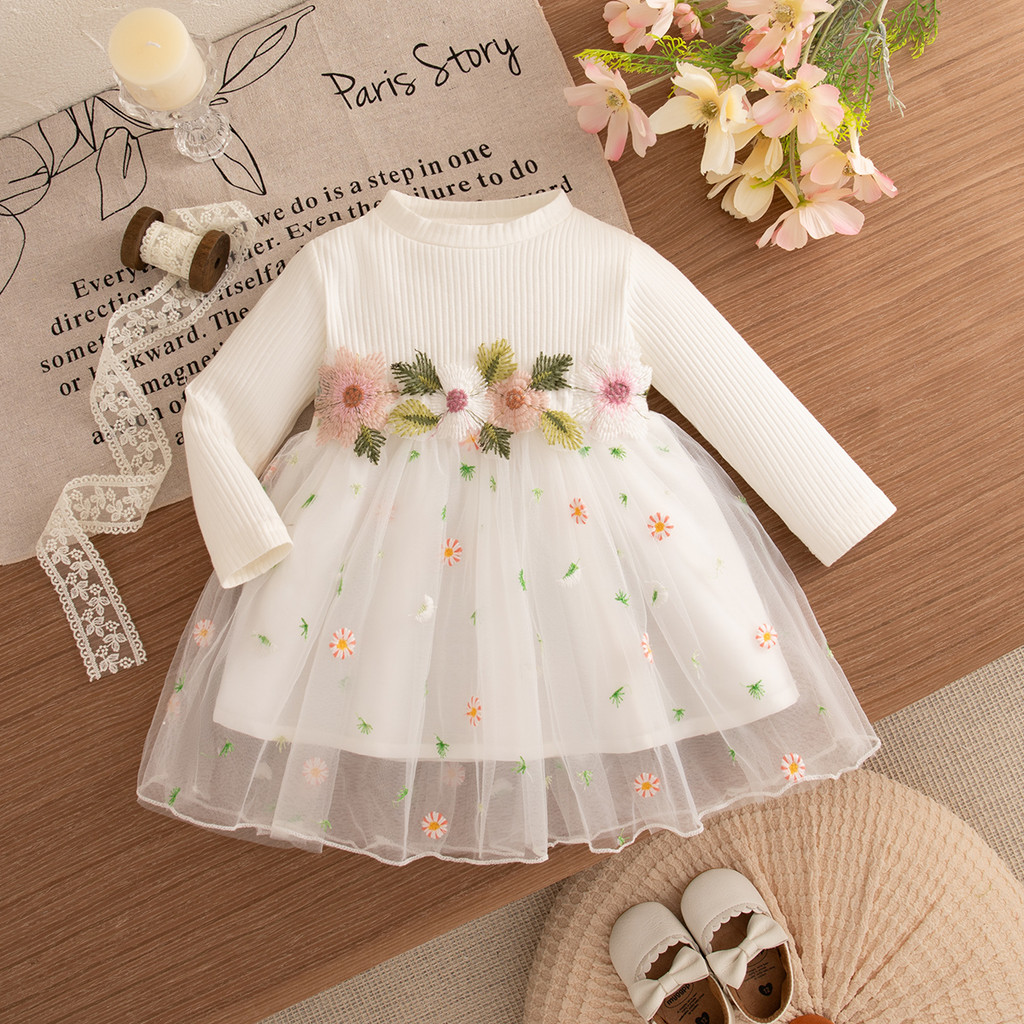 Vestido Infantil De Manga Comprida Com Flores Bordadas De Gaze Roupas Frias Para Bebês