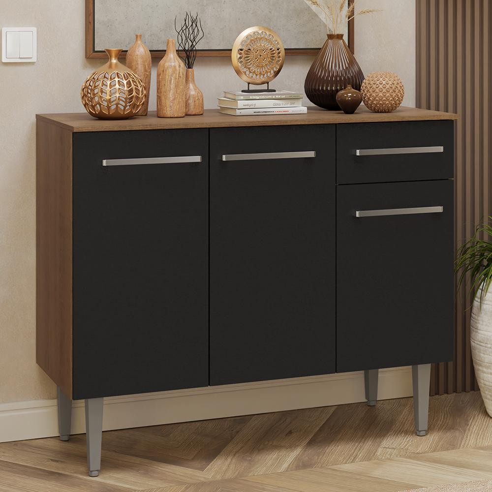 Buffet Aparador 105cm 3 Portas e 1 Gaveta Rustic/Preto Madesa em Oferta na Shopee