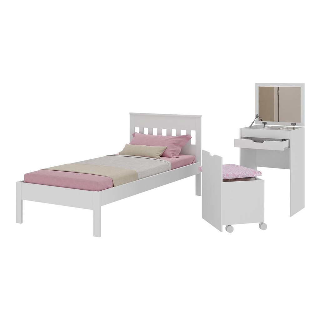 Cama de Solteiro para Colchão 88 x 188 cm com Penteadeira 54cm e Puff Multimóveis CR40121