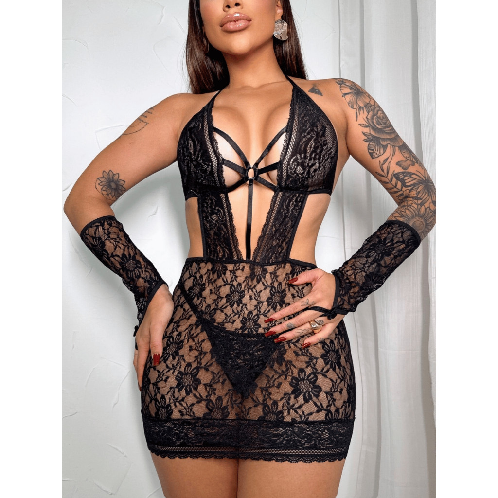 Conjunto Camisola Deusa Sensual Rendada Luvas e Calcinha Regulagem Sexy em Oferta na Shopee