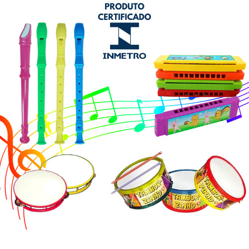 KIT 4 BRINQUEDOS KIT MUSICAL FLAUTA,PANDEIRINHO,TAMBORZINHO,GAITA