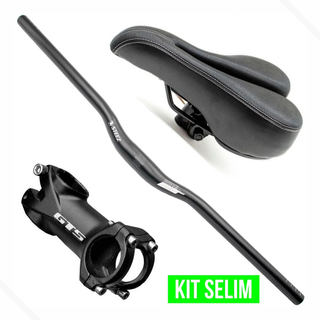 Kit Banco Selim MTB Vazado GTS + Guidão MTB Alumínio Curvo 31.8x700mm c/Suporte Mesa Preto GTS